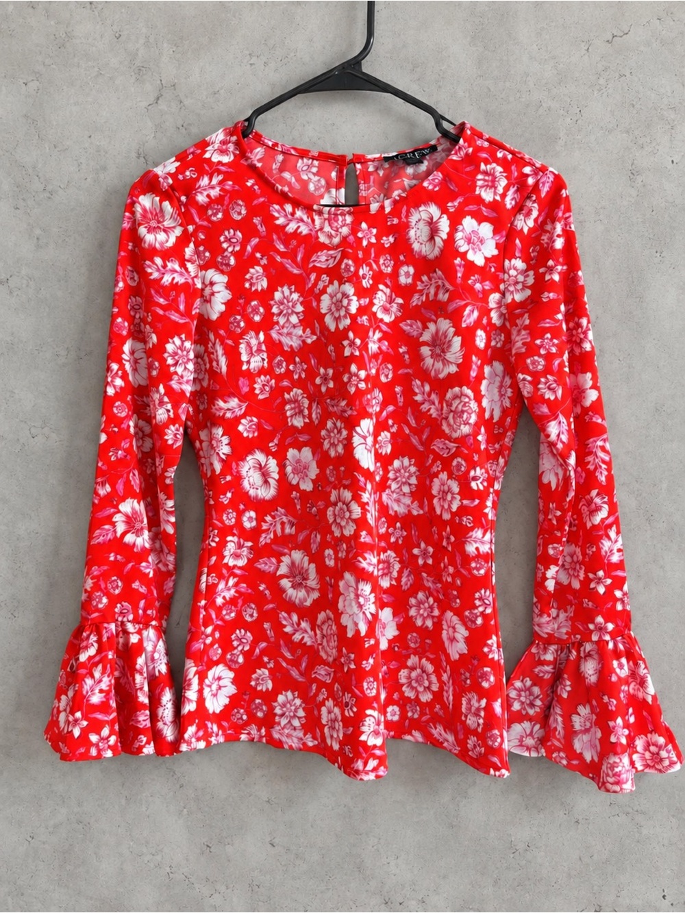 J. Crew Red Floral Bell-Sleeve Long Sleeve Top